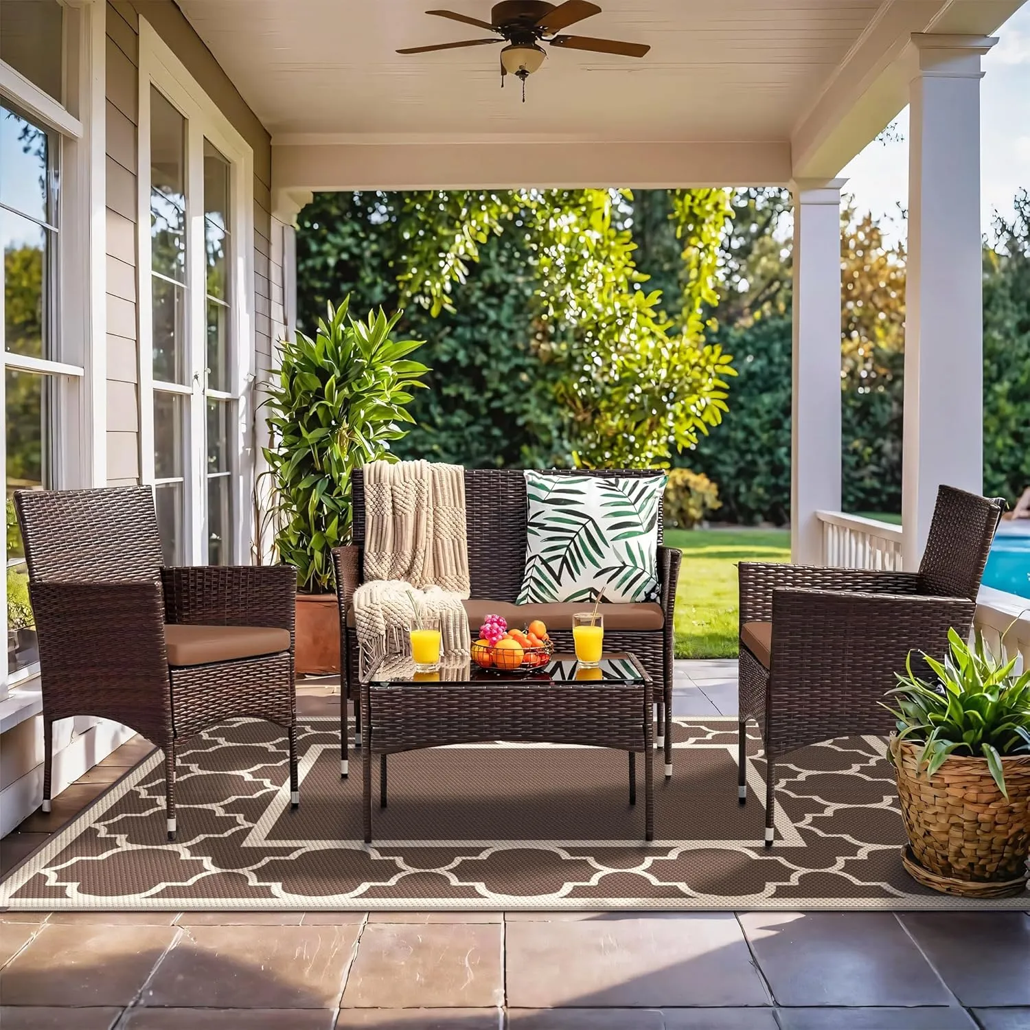 GENIMO 4 ' x 6 ' Outdoor Rug for Patio Clearance, Waterproof Indoor Outdoor Plastic Straw Rugs Carpet, Reversible Outside Area Rv Mat for Camping, Balcony Porch, Deck, Picnic, Beach (Coffee & Beige)