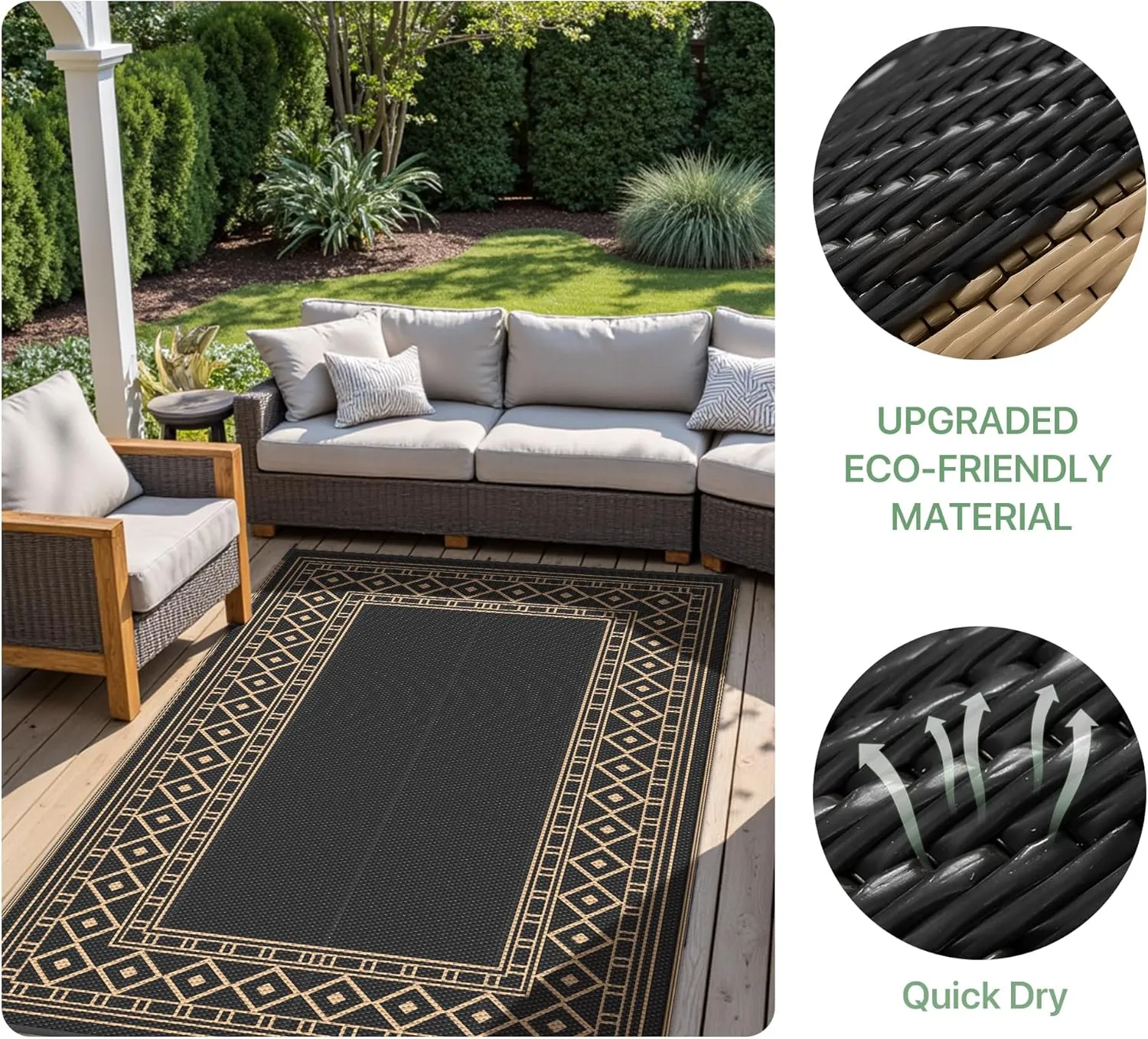 GENIMO Outdoor Rug 5'x8' Waterproof for Patio, Reversible Outdoor Plastic Straw Rug Carpet, Camping Mats for Outdoor Decor, RV, Backyard, Deck, Balcony, Picnic, Black & Brown