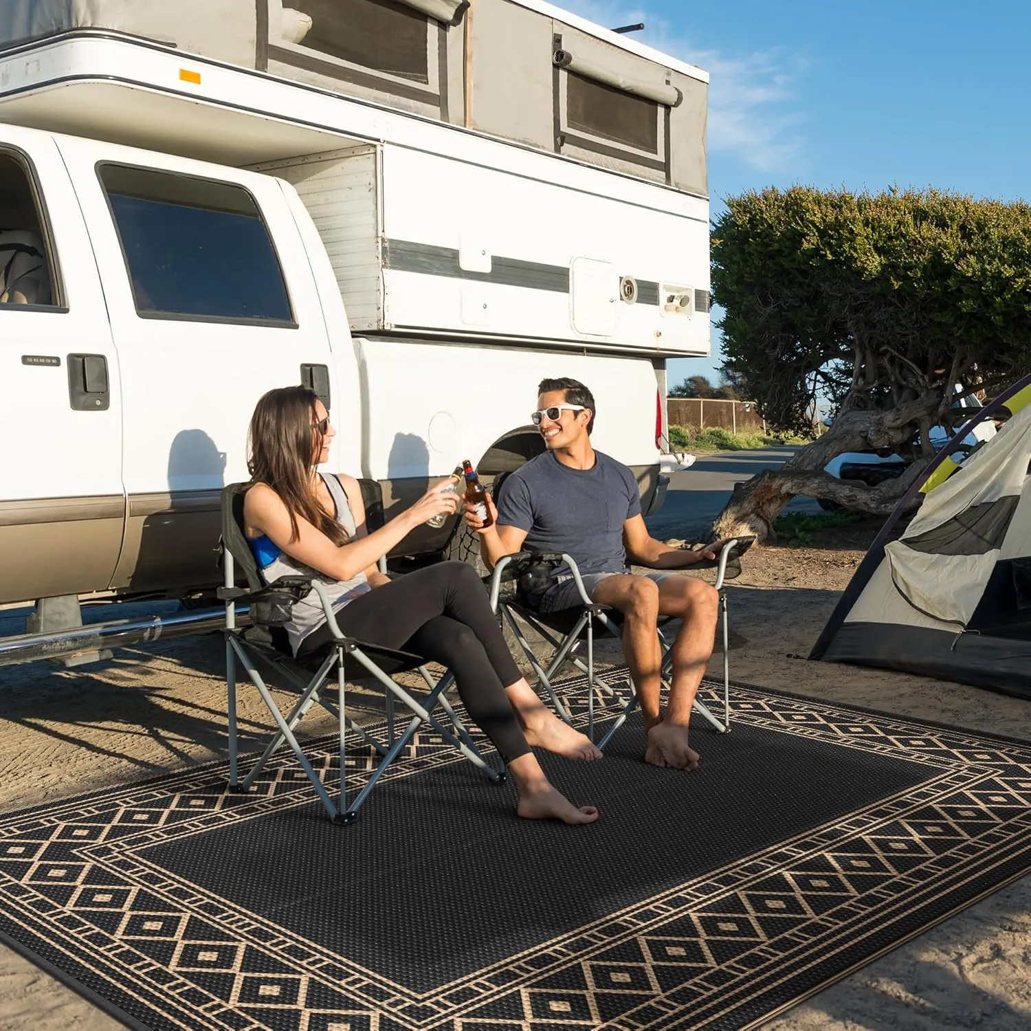GENIMO Outdoor Rug 5'x8' Waterproof for Patio, Reversible Outdoor Plastic Straw Rug Carpet, Camping Mats for Outdoor Decor, RV, Backyard, Deck, Balcony, Picnic, Black & Brown