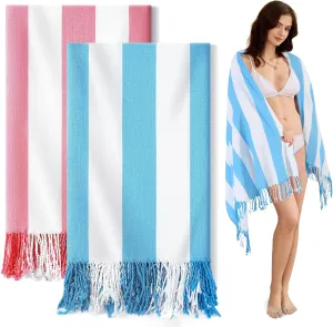 Genovega 2 PacksOversized Turkish Beach Towels 74"x38" Thin Quick Dry Sand Free Pool Swim Bathing Towel Extra Large Blanket Adult Travel Essentials Accessories Summer Vacation Blue Pink Stripe
