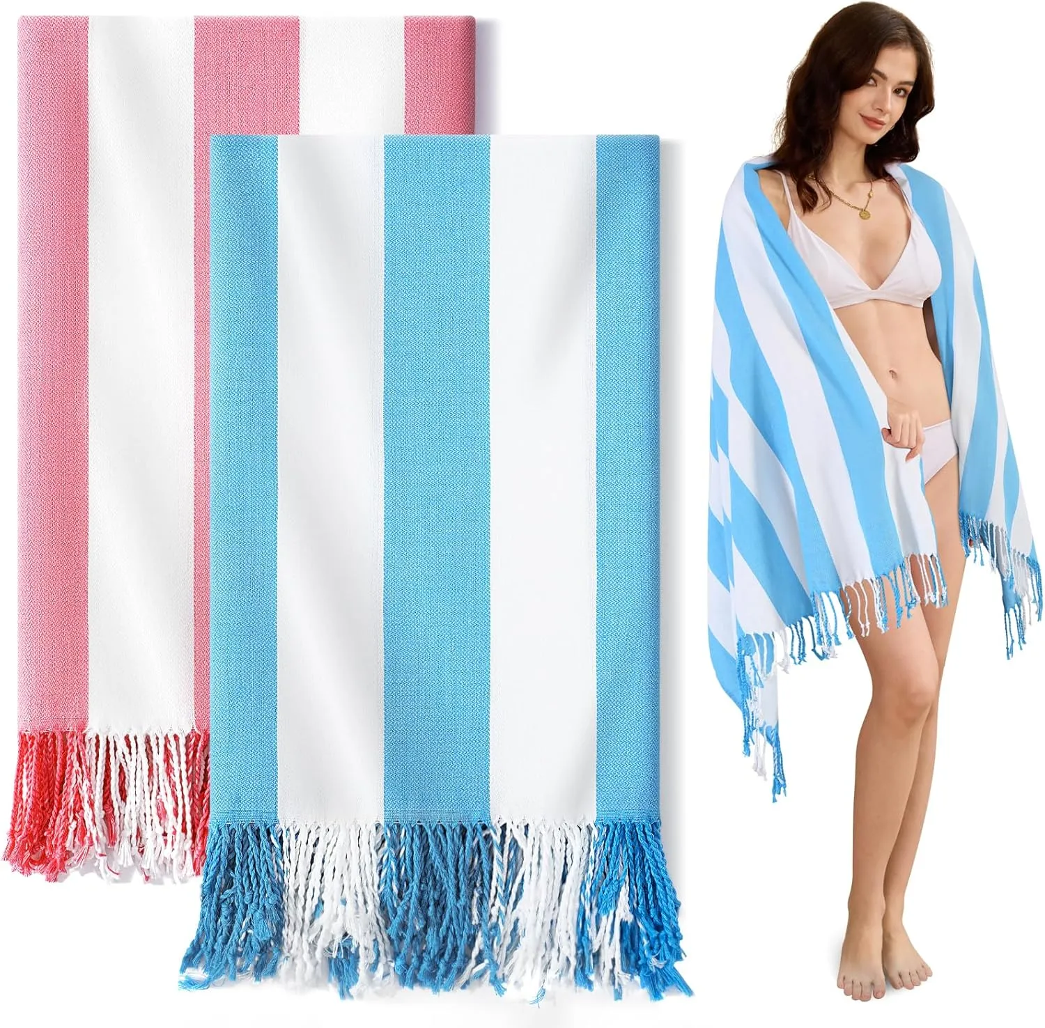 Genovega 2 PacksOversized Turkish Beach Towels 74"x38" Thin Quick Dry Sand Free Pool Swim Bathing Towel Extra Large Blanket Adult Travel Essentials Accessories Summer Vacation Blue Pink Stripe