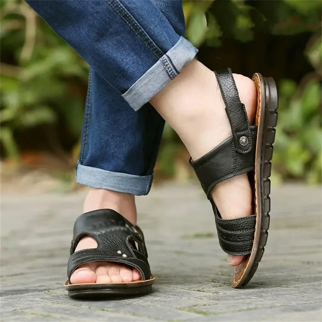 Genuine Leather Men's Sandals Shoes Outdoor Casual Sandals Cowhide Beach Shoes Purpose Men's Sandals Slippers(43)