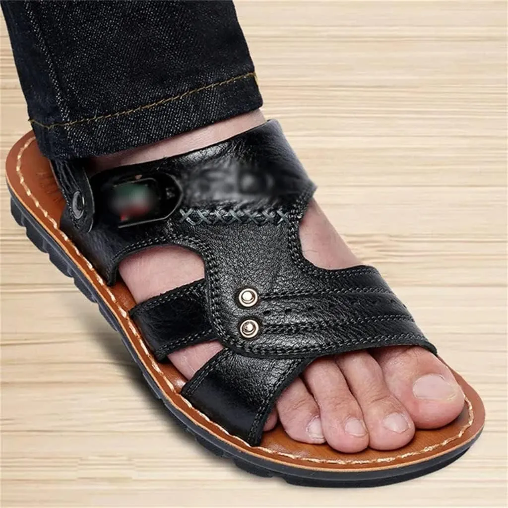 Genuine Leather Men's Sandals Shoes Outdoor Casual Sandals Cowhide Beach Shoes Purpose Men's Sandals Slippers(43)