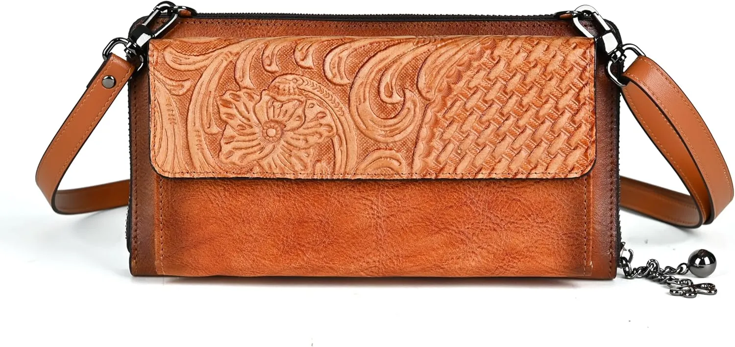 Genuine Leather Multi-Compartment Wallet, Large Capacity, Multi-Card Slot Cell Phone Bag Case (Brown)