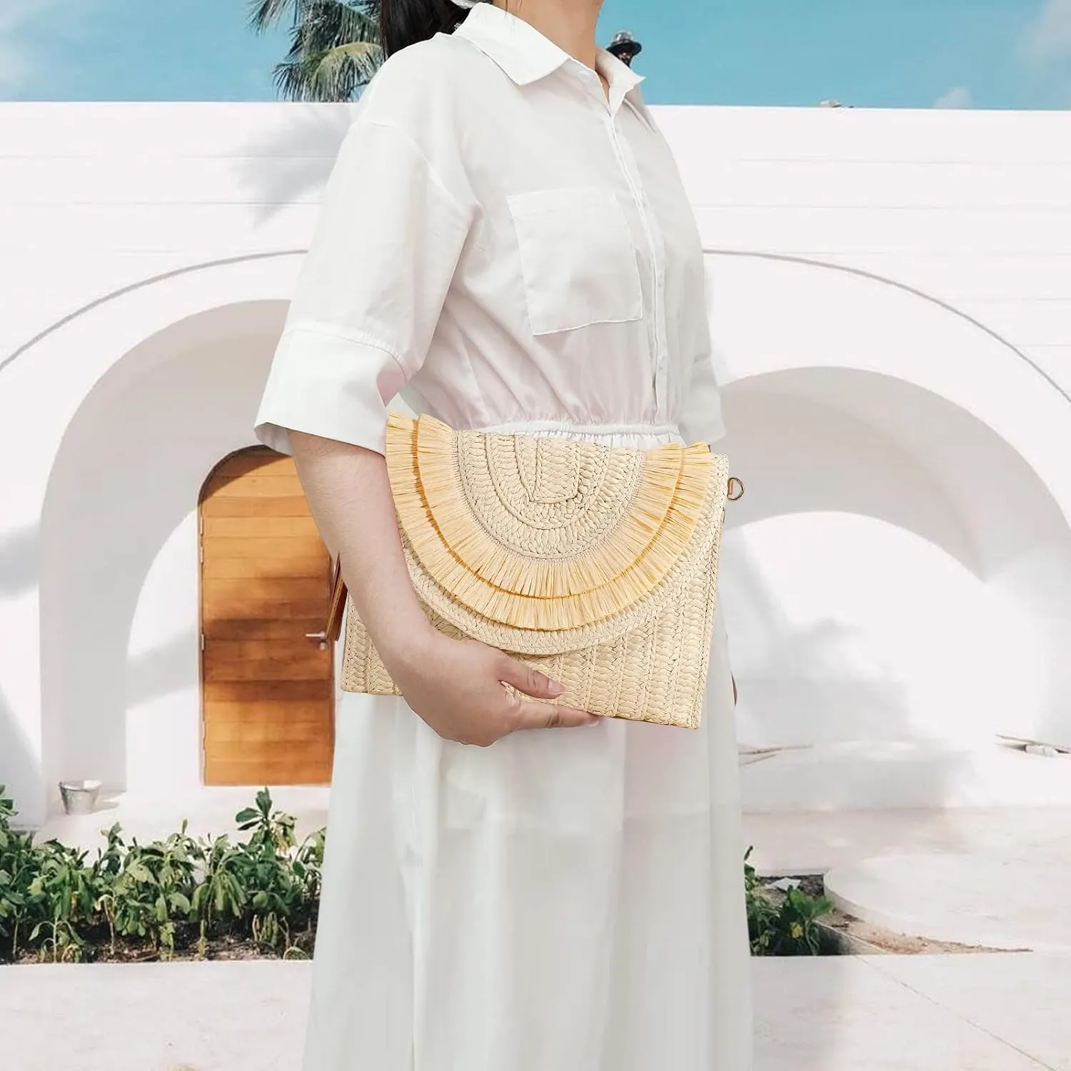 Gets Straw Clutch Bags for Women Handmade Woven Summer Beach Envelope Purse Wallet Crossbody Bag with Strap
