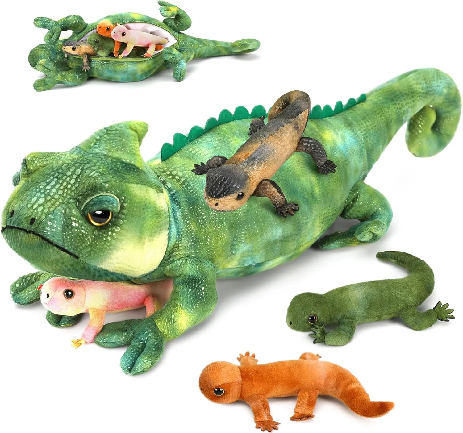 Giant Lizard Plush, 27" Mother Iguana Stuffed Animal with 4 Baby Lizard Plushies, Bearded Dragon Plush Toy for Kids Boys Girls, Stuffed Chameleon for Christmas Birthday Gift