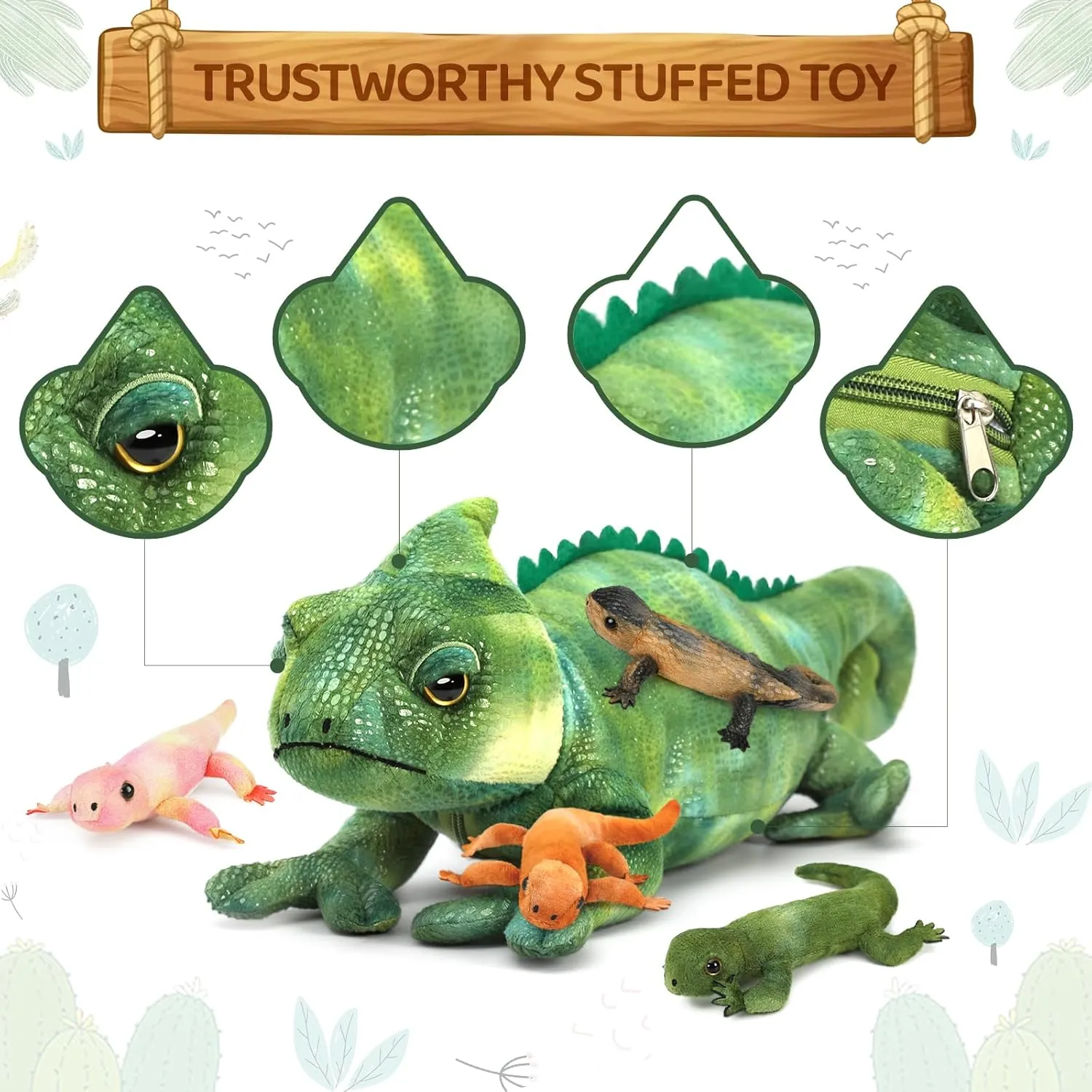 Giant Lizard Plush, 27" Mother Iguana Stuffed Animal with 4 Baby Lizard Plushies, Bearded Dragon Plush Toy for Kids Boys Girls, Stuffed Chameleon for Christmas Birthday Gift