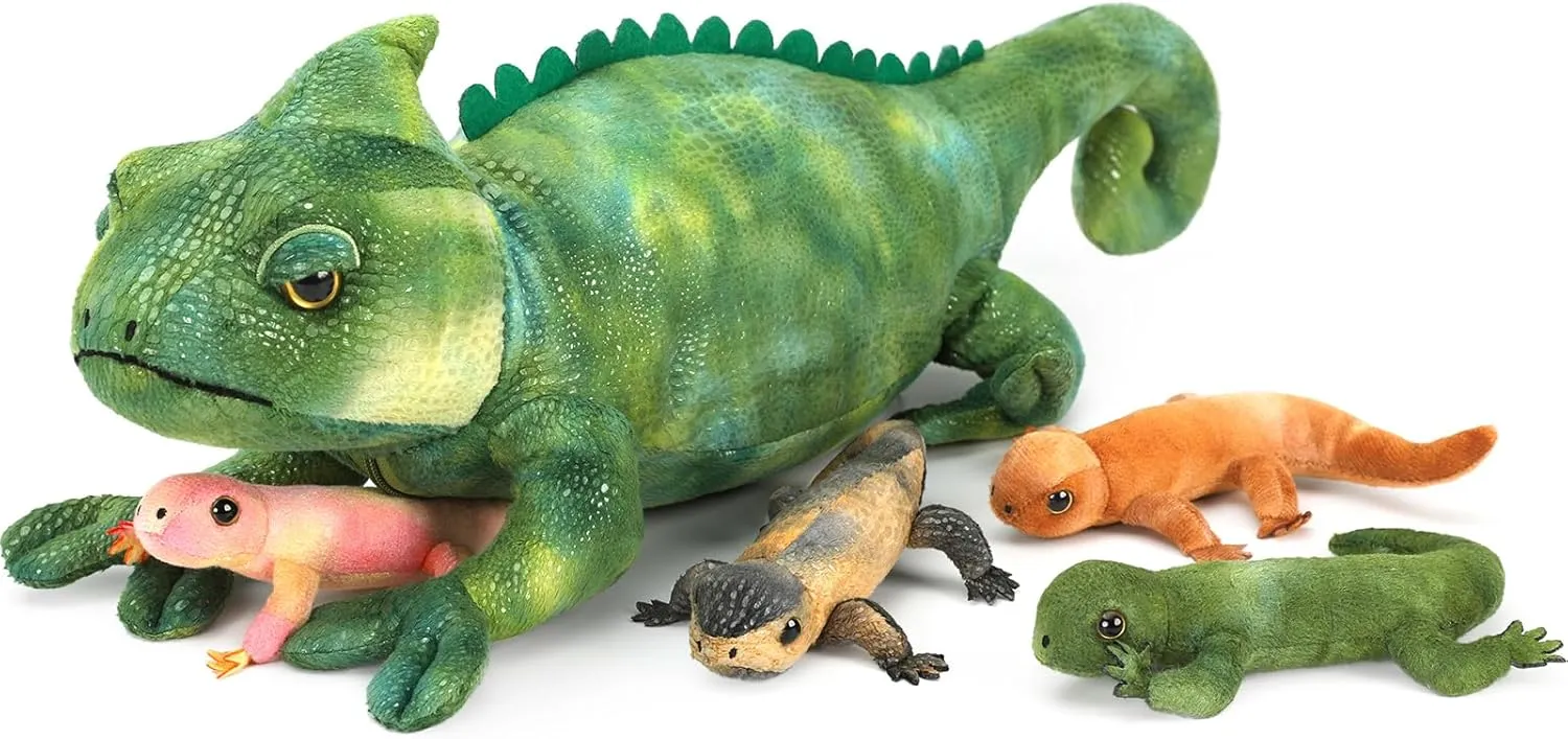 Giant Lizard Plush, 27" Mother Iguana Stuffed Animal with 4 Baby Lizard Plushies, Bearded Dragon Plush Toy for Kids Boys Girls, Stuffed Chameleon for Christmas Birthday Gift