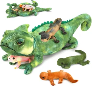 Giant Lizard Plush, 27" Mother Iguana Stuffed Animal with 4 Baby Lizard Plushies, Bearded Dragon Plush Toy for Kids Boys Girls, Stuffed Chameleon for Christmas Birthday Gift