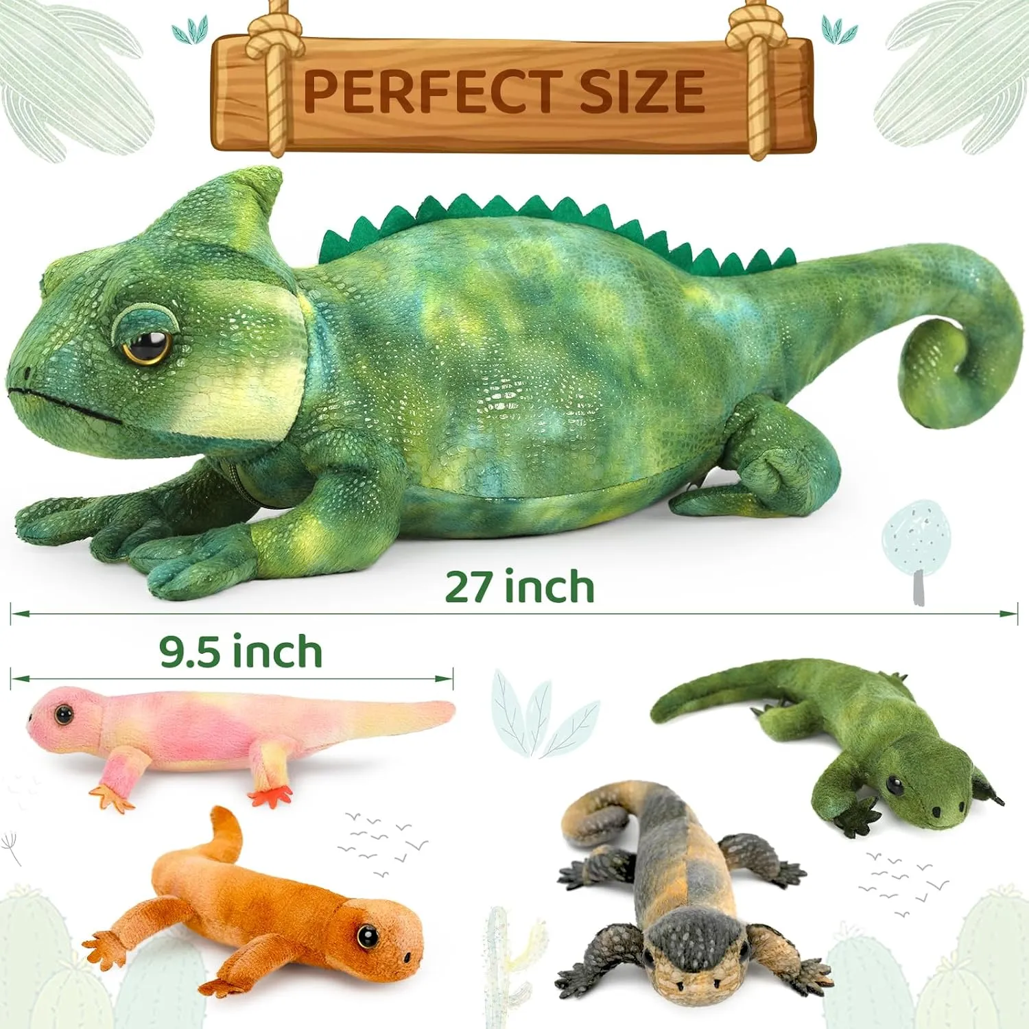 Giant Lizard Plush, 27" Mother Iguana Stuffed Animal with 4 Baby Lizard Plushies, Bearded Dragon Plush Toy for Kids Boys Girls, Stuffed Chameleon for Christmas Birthday Gift
