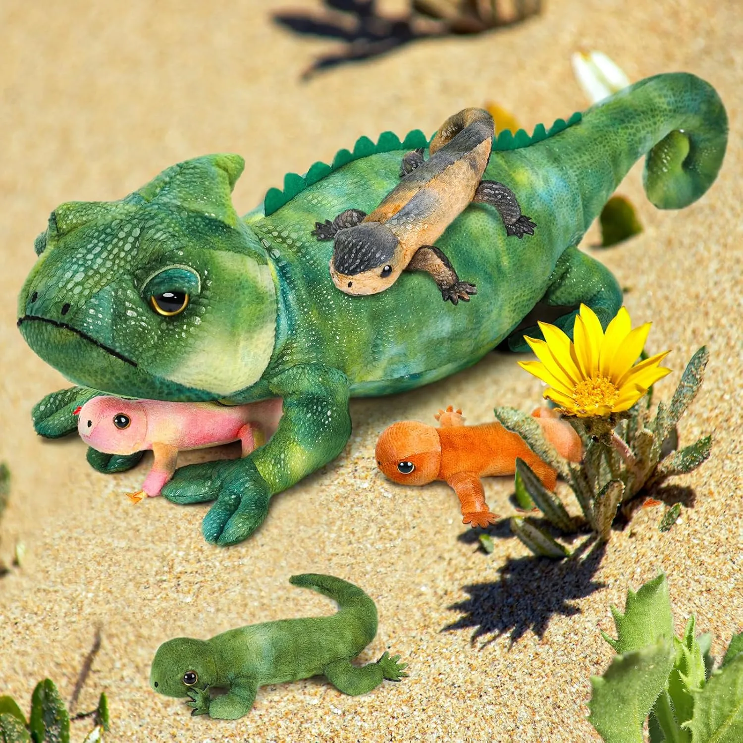 Giant Lizard Plush, 27" Mother Iguana Stuffed Animal with 4 Baby Lizard Plushies, Bearded Dragon Plush Toy for Kids Boys Girls, Stuffed Chameleon for Christmas Birthday Gift