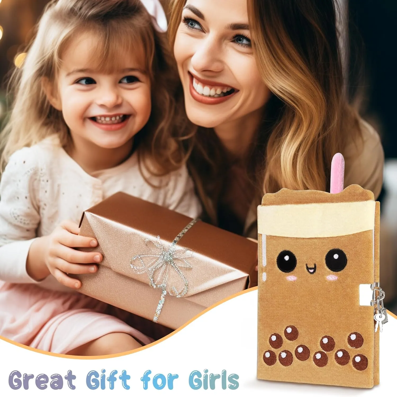 Gift Kit for Girls, Diary with Lock and Key,Boba Tea Plush Journal for Teen Girls,fuzzy diary for girls,Kawaii Birthday Gift Set with Purse,Bracelet,4 Straws Pens, Post-it Note,Stickers