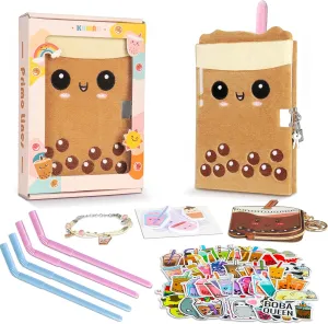 Gift Kit for Girls, Diary with Lock and Key,Boba Tea Plush Journal for Teen Girls,fuzzy diary for girls,Kawaii Birthday Gift Set with Purse,Bracelet,4 Straws Pens, Post-it Note,Stickers