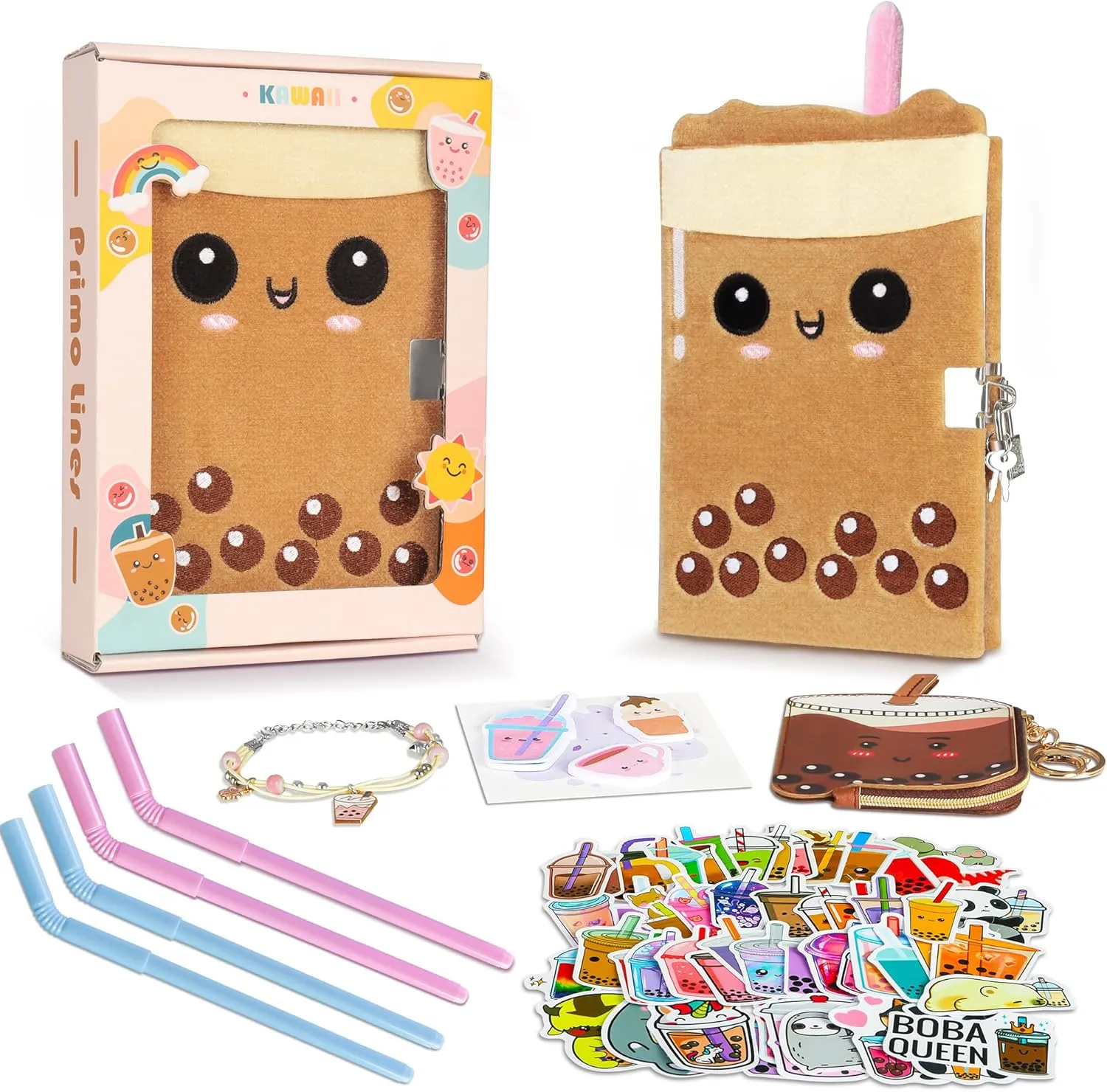 Gift Kit for Girls, Diary with Lock and Key,Boba Tea Plush Journal for Teen Girls,fuzzy diary for girls,Kawaii Birthday Gift Set with Purse,Bracelet,4 Straws Pens, Post-it Note,Stickers