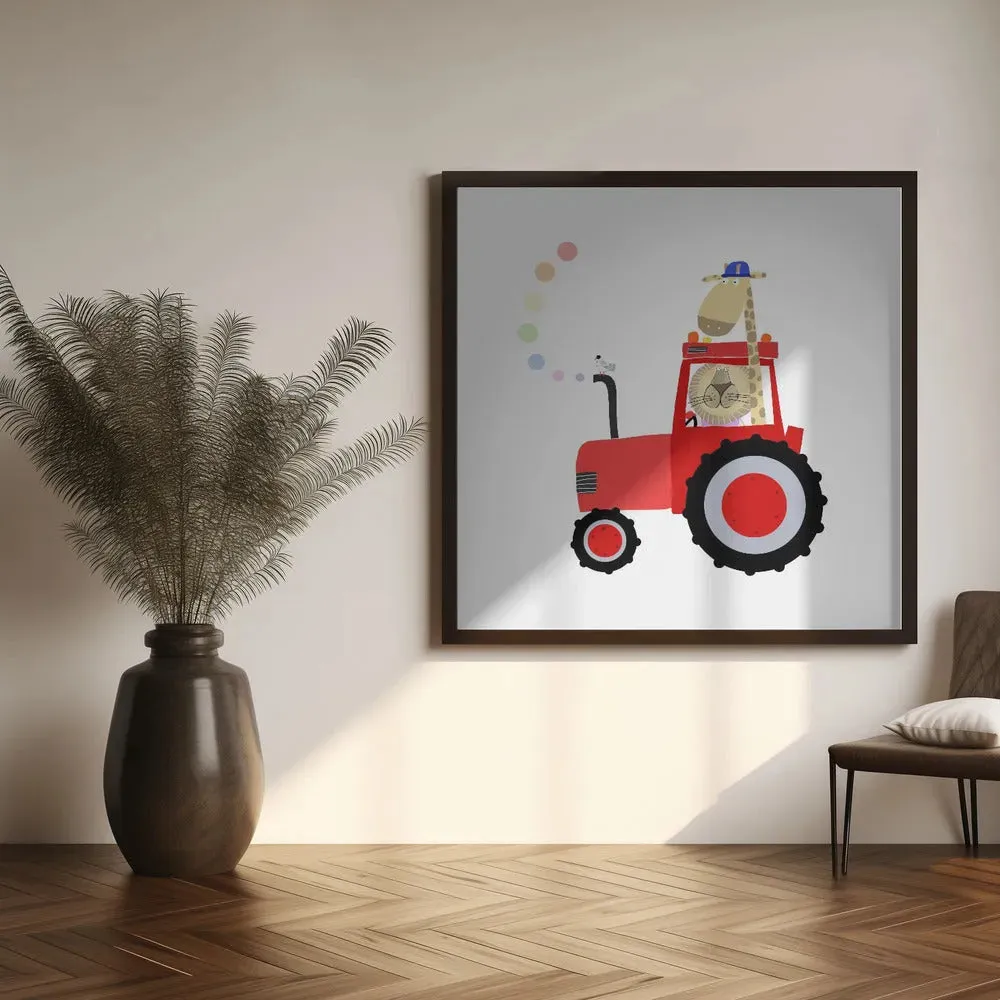 Giraffe and Lion in Red Tractor