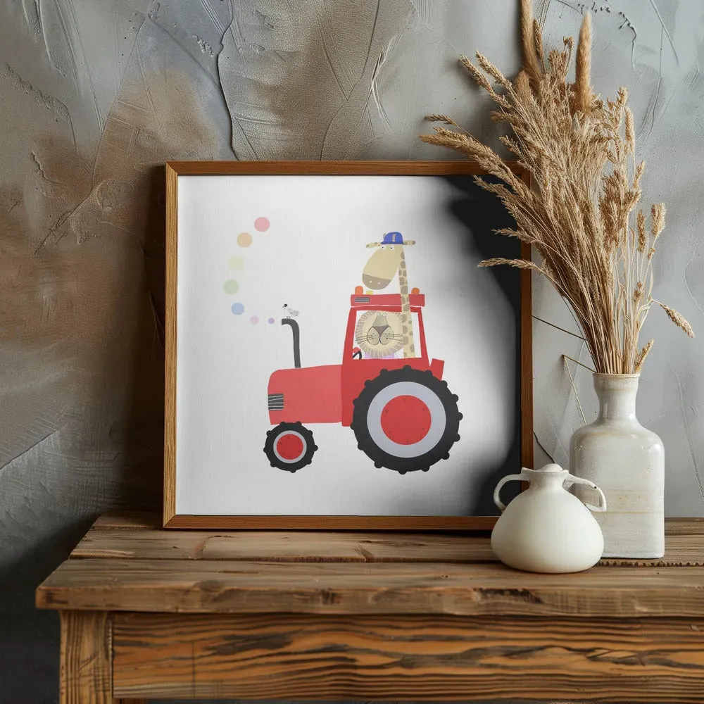 Giraffe and Lion in Red Tractor