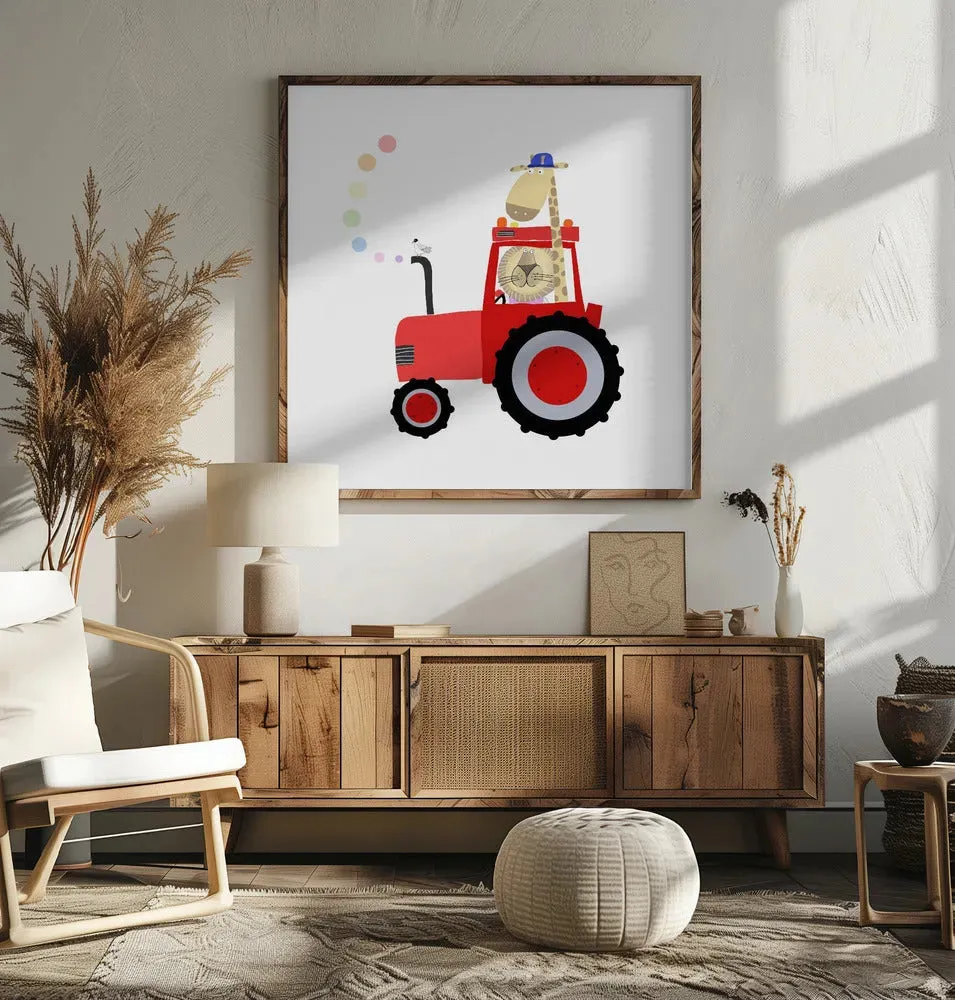 Giraffe and Lion in Red Tractor
