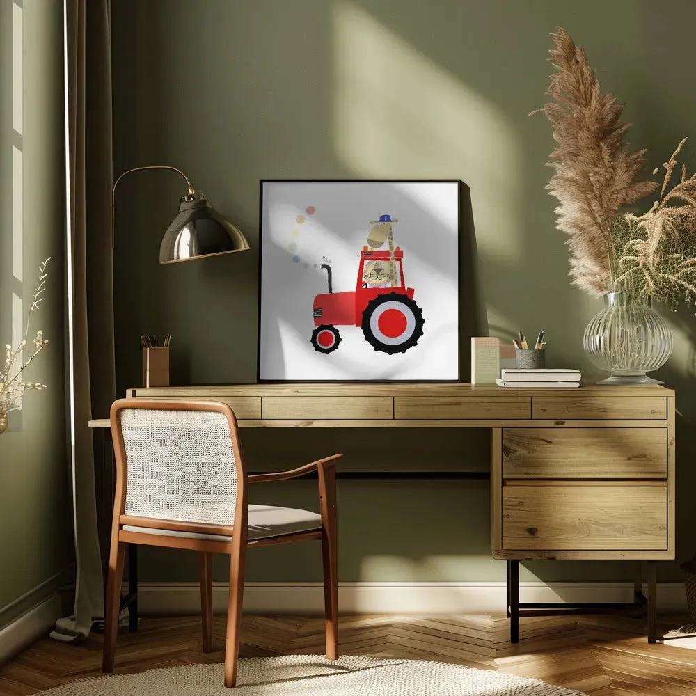 Giraffe and Lion in Red Tractor