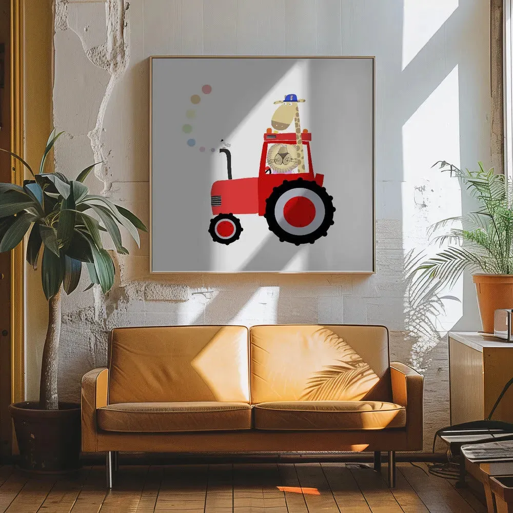 Giraffe and Lion in Red Tractor