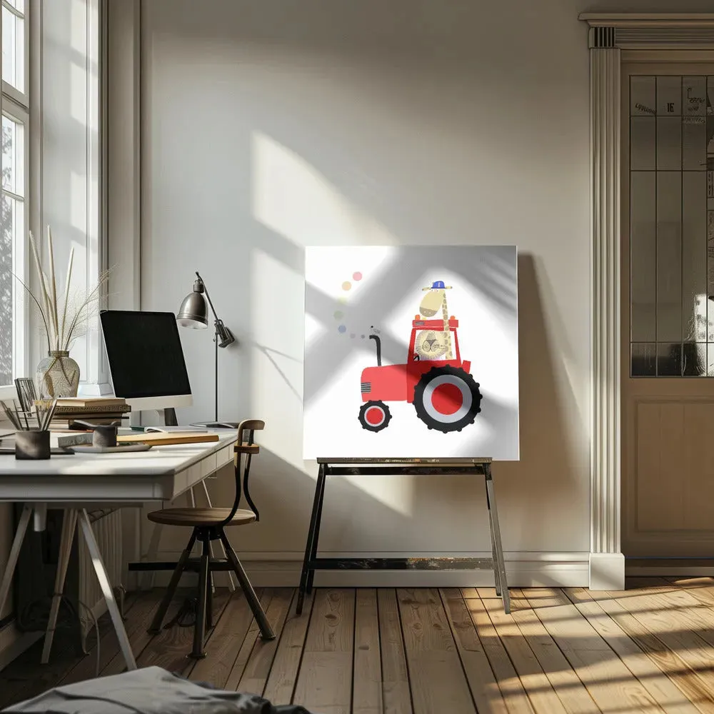 Giraffe and Lion in Red Tractor