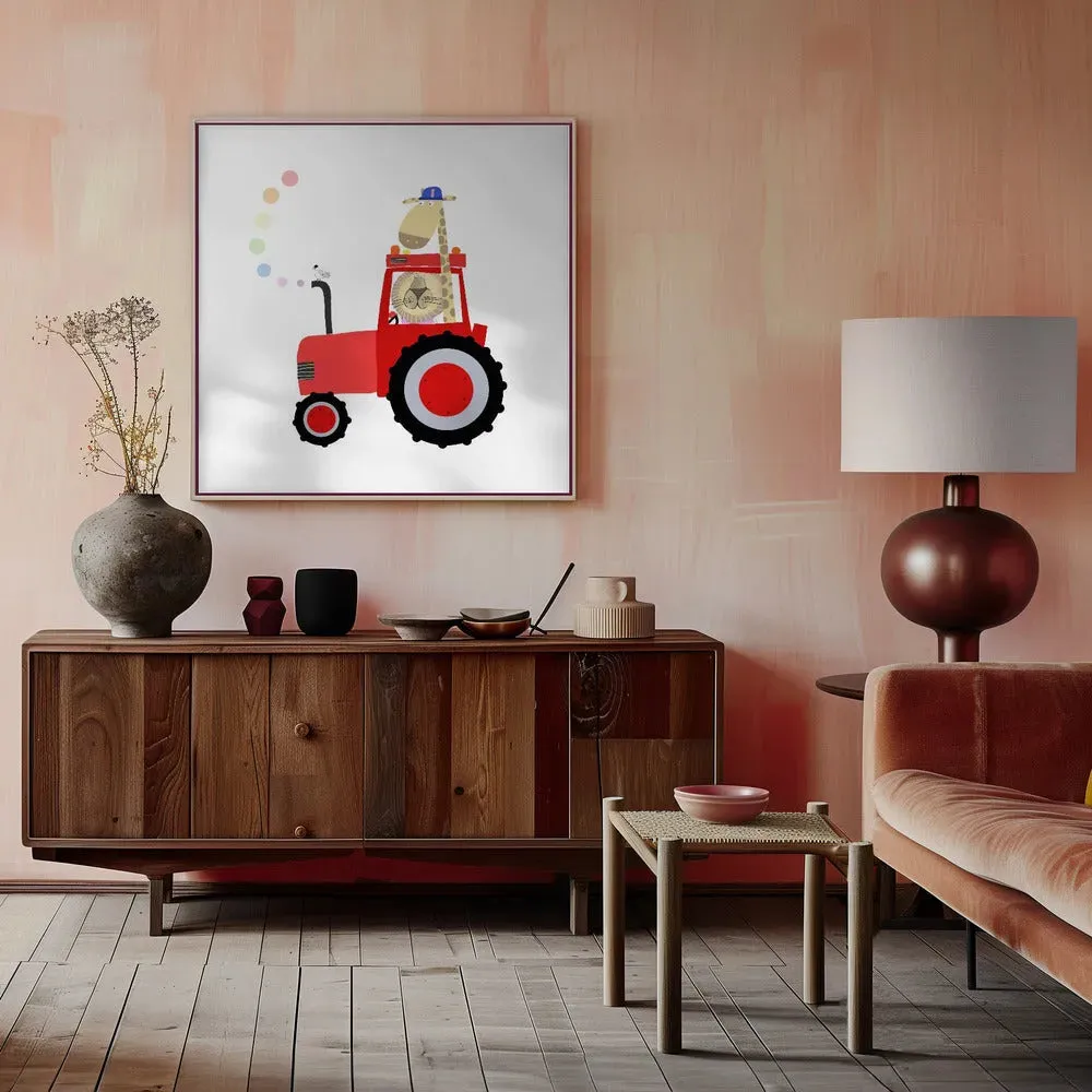Giraffe and Lion in Red Tractor