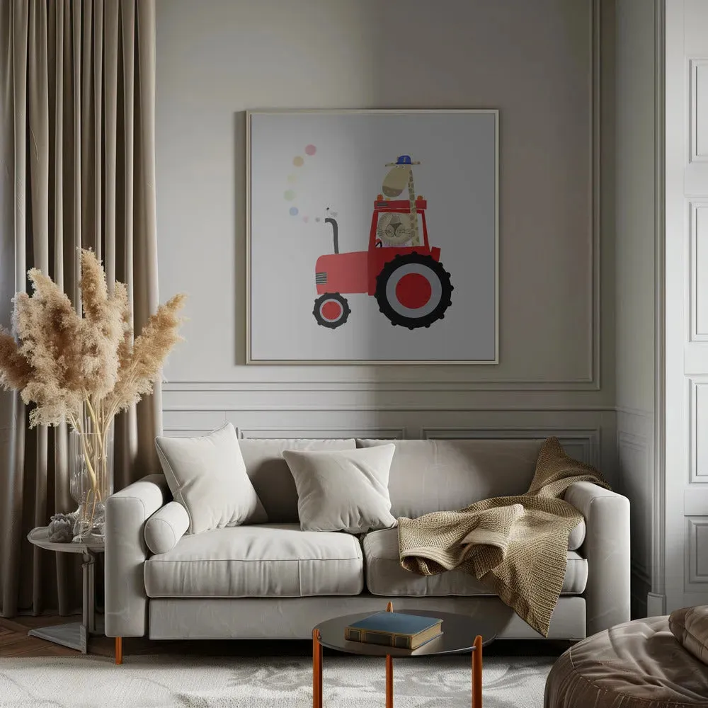 Giraffe and Lion in Red Tractor