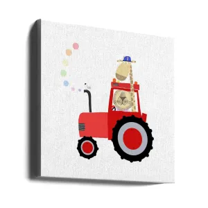 Giraffe and Lion in Red Tractor