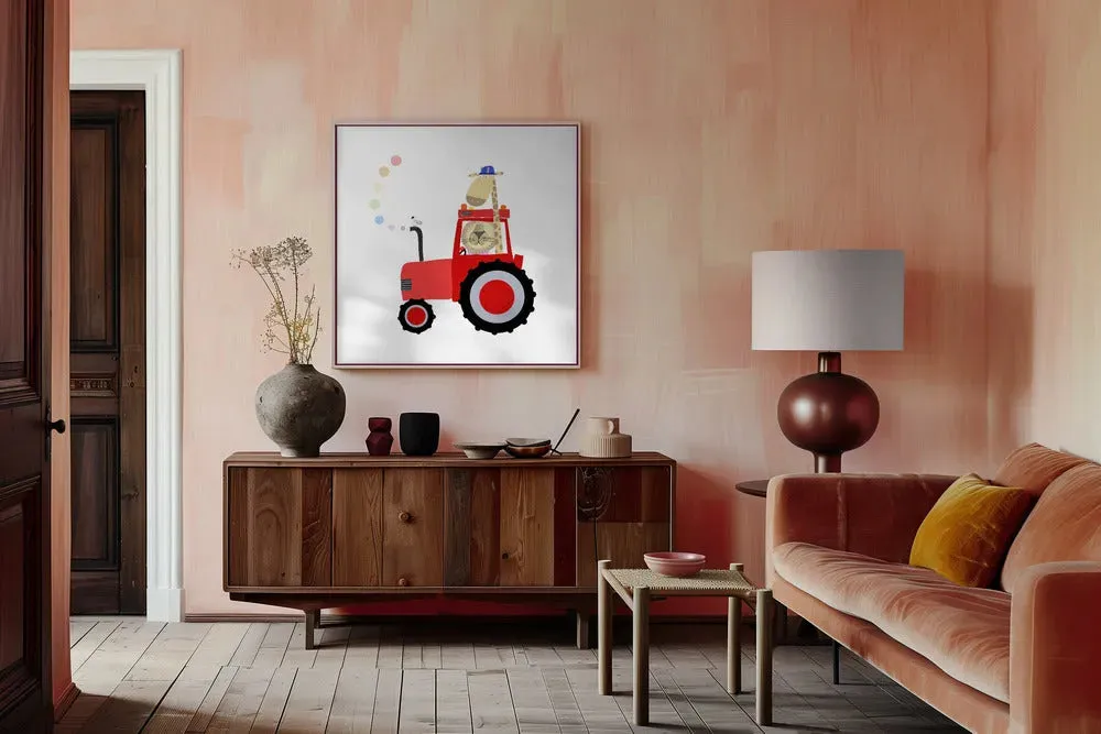 Giraffe and Lion in Red Tractor