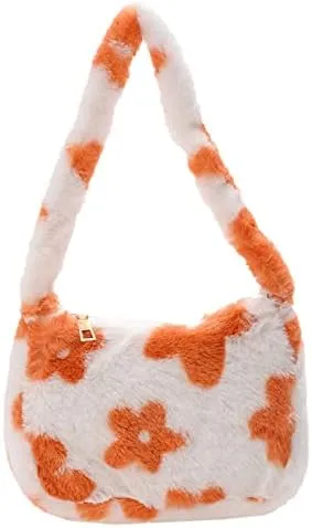 Girls Cute Flower Plush Shoulder Bag Large Tote Handbag Purse Fluffy Underarm Bag Faux Fur Dating Bag for Winter Spring (Orange)