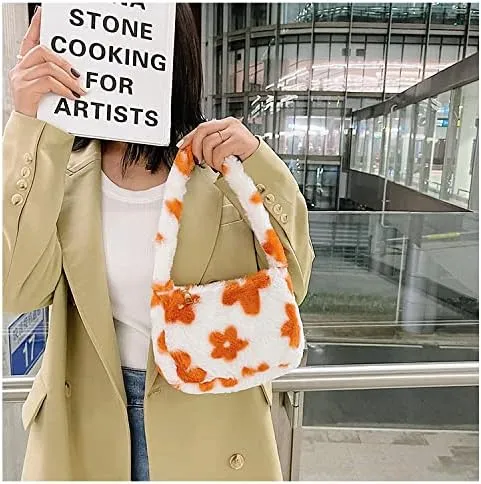 Girls Cute Flower Plush Shoulder Bag Large Tote Handbag Purse Fluffy Underarm Bag Faux Fur Dating Bag for Winter Spring (Orange)