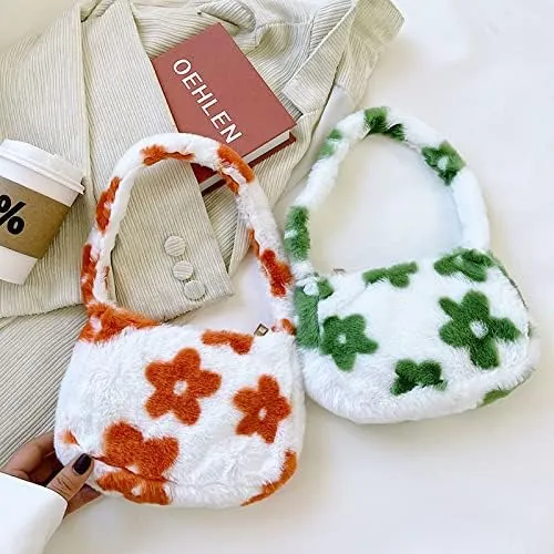 Girls Cute Flower Plush Shoulder Bag Large Tote Handbag Purse Fluffy Underarm Bag Faux Fur Dating Bag for Winter Spring (Orange)