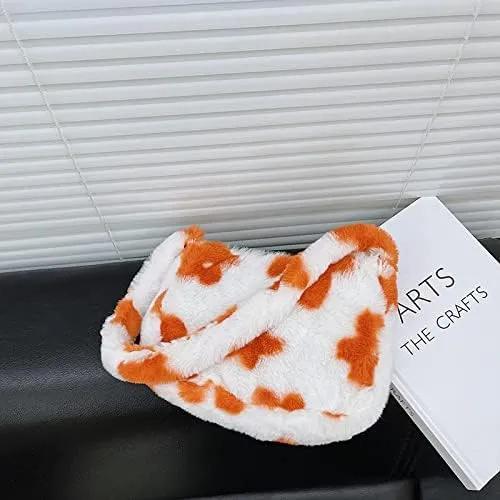 Girls Cute Flower Plush Shoulder Bag Large Tote Handbag Purse Fluffy Underarm Bag Faux Fur Dating Bag for Winter Spring (Orange)