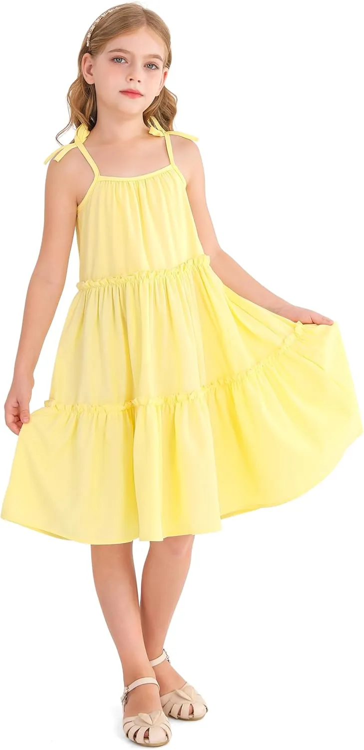 Girl's Summer Cute Tiered Swing Dress Midi Casual Smocked Sundresses 6-14 Years