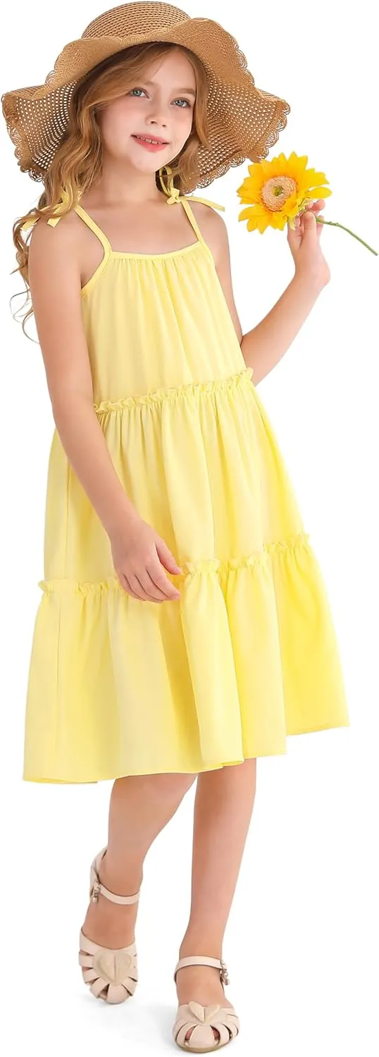 Girl's Summer Cute Tiered Swing Dress Midi Casual Smocked Sundresses 6-14 Years