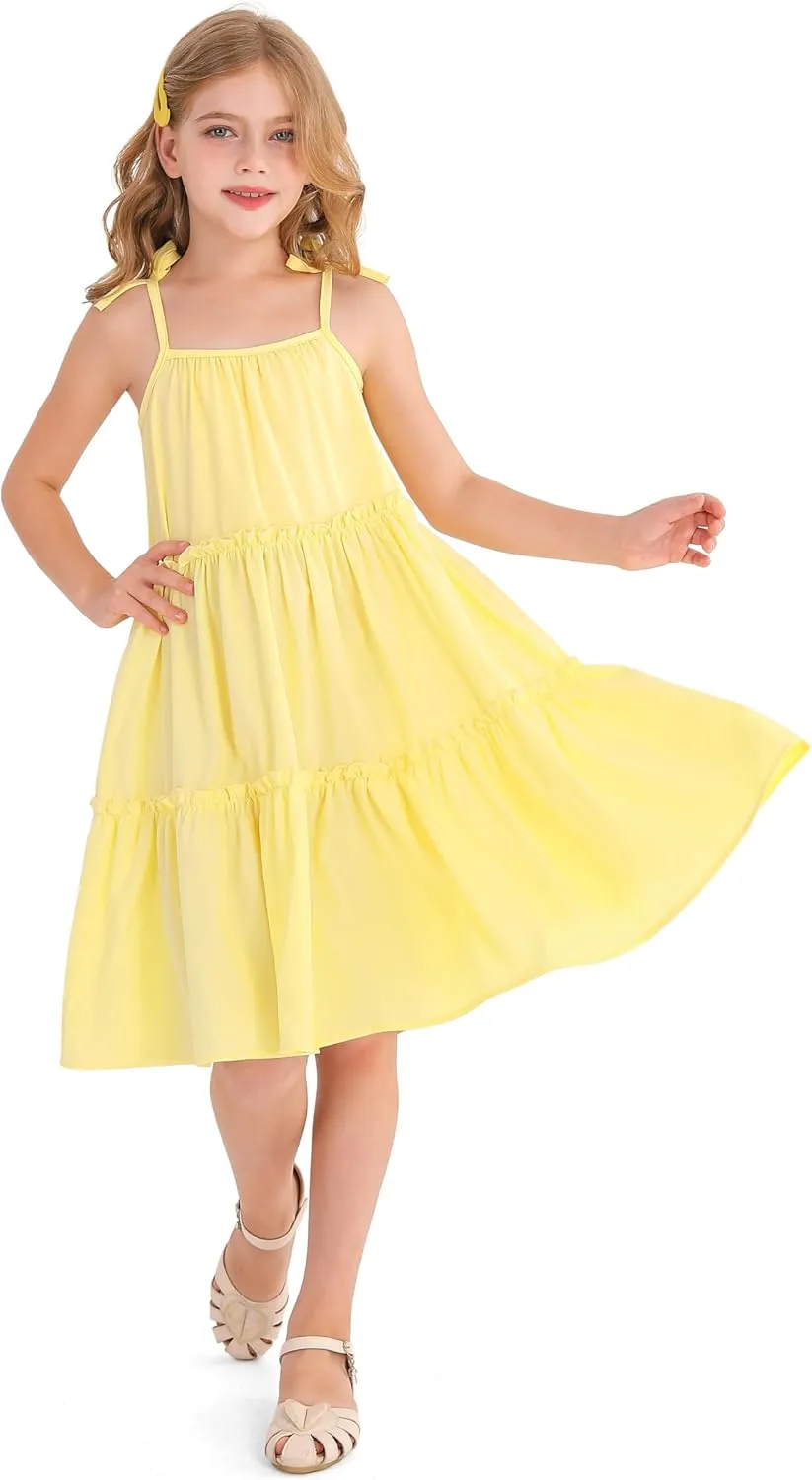 Girl's Summer Cute Tiered Swing Dress Midi Casual Smocked Sundresses 6-14 Years
