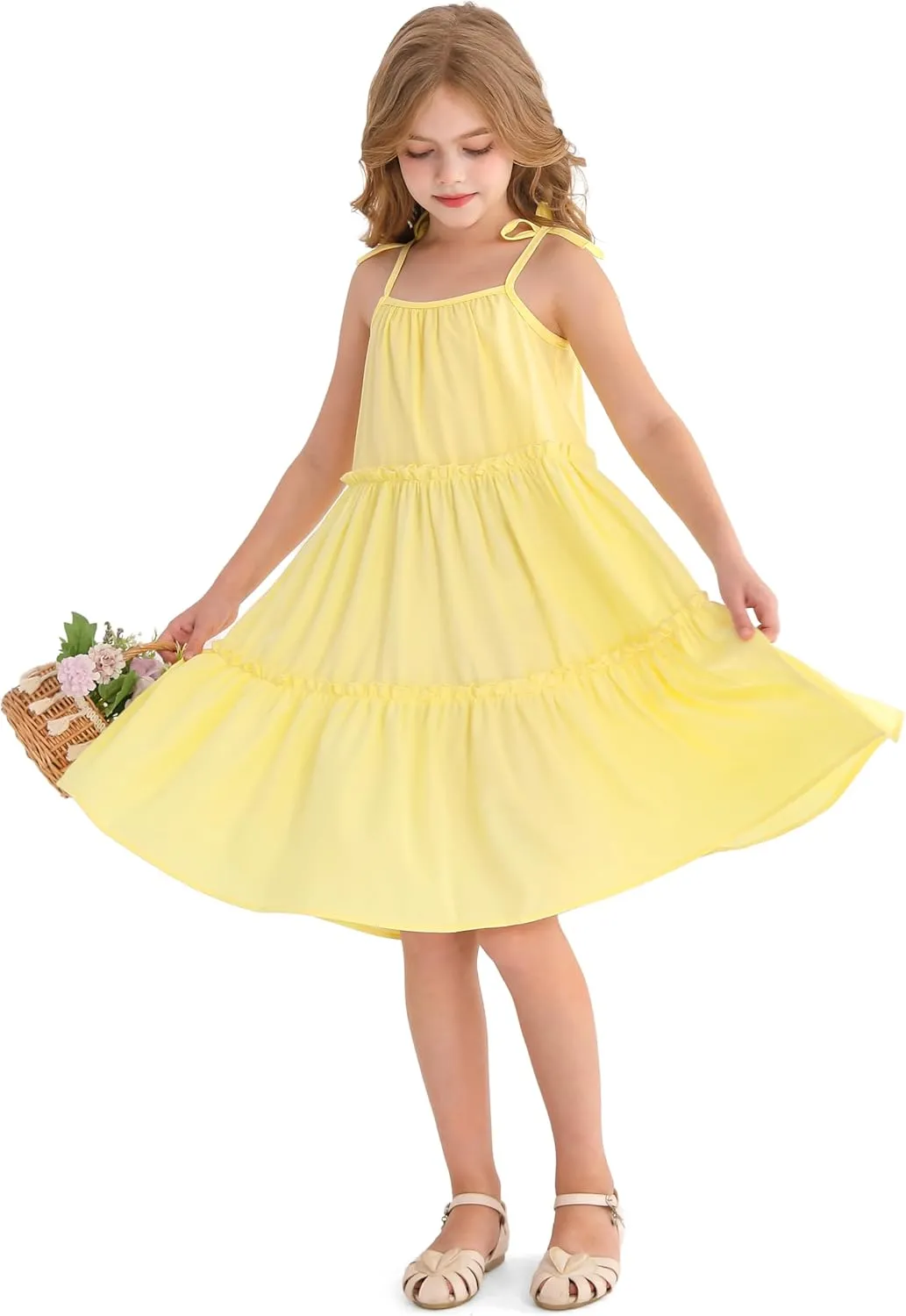 Girl's Summer Cute Tiered Swing Dress Midi Casual Smocked Sundresses 6-14 Years