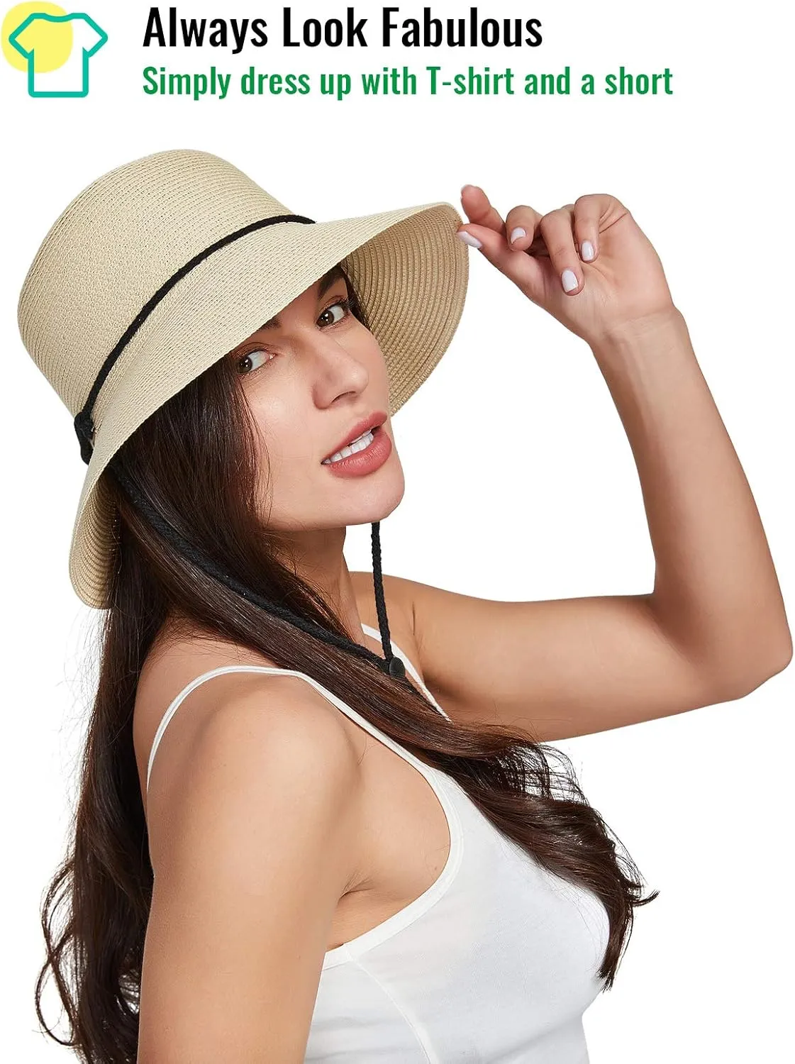 Gisdanchz Women Wide Brim Straw Hat with Chin Strap for Summer UV Sun Protect
