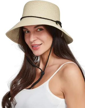 Gisdanchz Women Wide Brim Straw Hat with Chin Strap for Summer UV Sun Protect