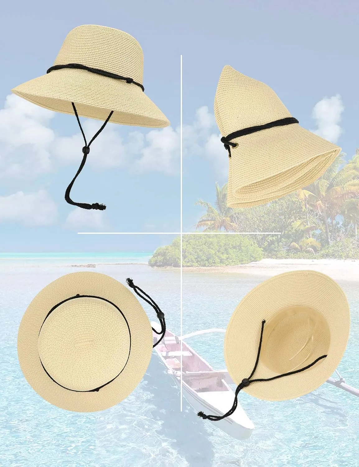 Gisdanchz Women Wide Brim Straw Hat with Chin Strap for Summer UV Sun Protect
