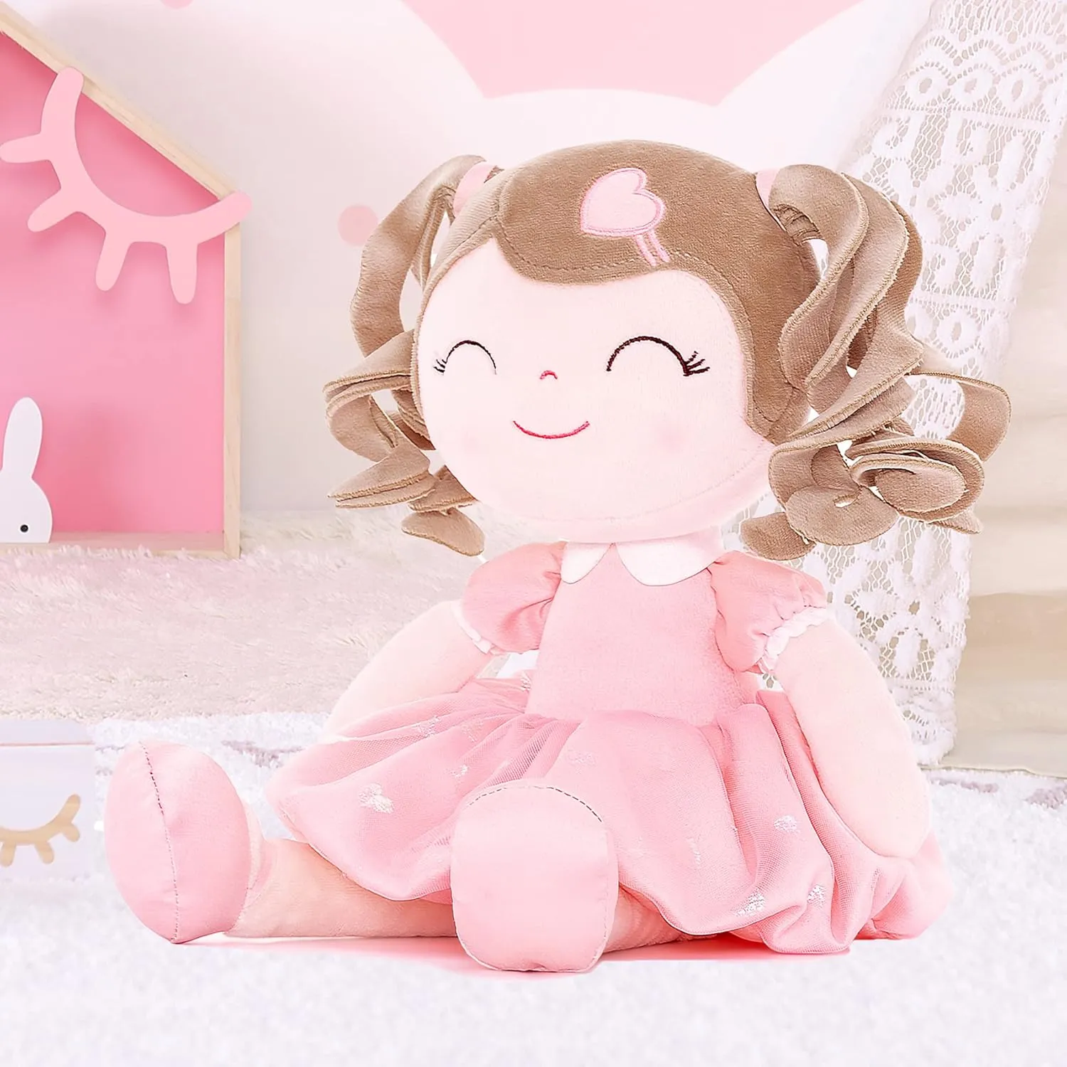 Gloveleya Baby Doll Baby Girl Gifts Plush Curly Kids Girl Toys with Love Toys for Ages 2-4 Toddler Toy 16" Pink