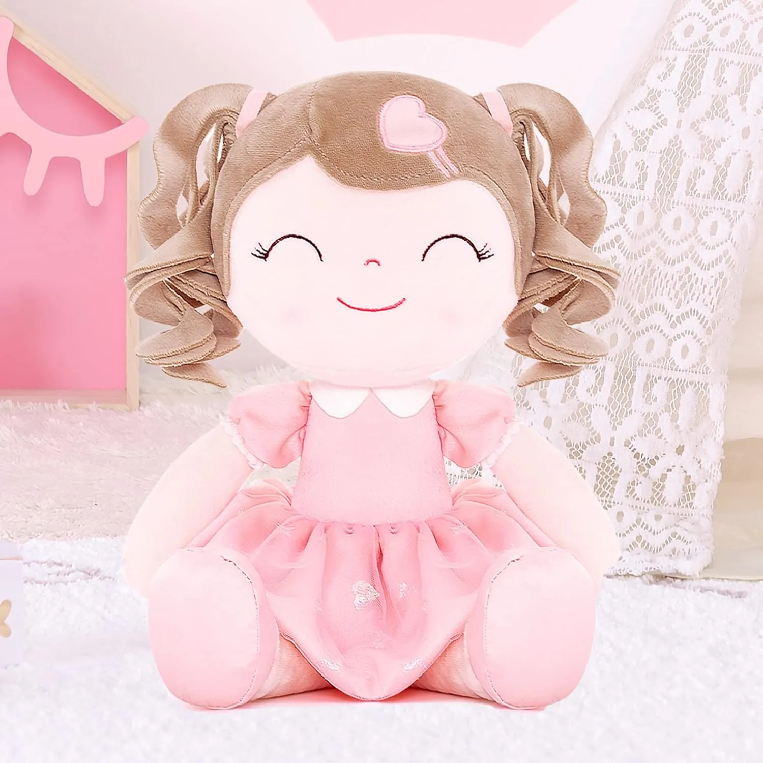 Gloveleya Baby Doll Baby Girl Gifts Plush Curly Kids Girl Toys with Love Toys for Ages 2-4 Toddler Toy 16" Pink