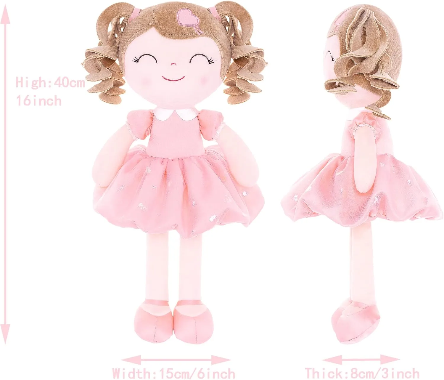 Gloveleya Baby Doll Baby Girl Gifts Plush Curly Kids Girl Toys with Love Toys for Ages 2-4 Toddler Toy 16" Pink