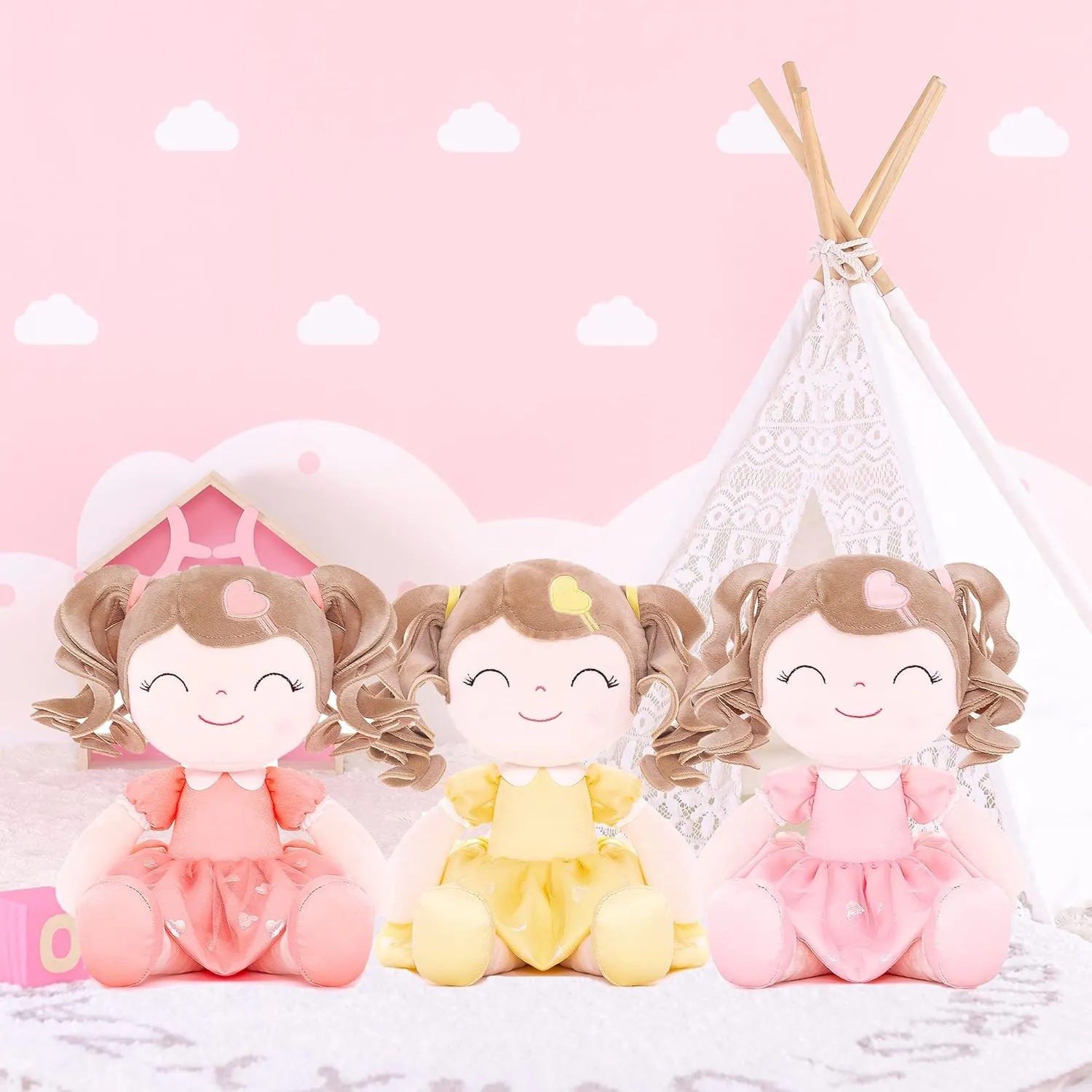 Gloveleya Baby Doll Baby Girl Gifts Plush Curly Kids Girl Toys with Love Toys for Ages 2-4 Toddler Toy 16" Pink