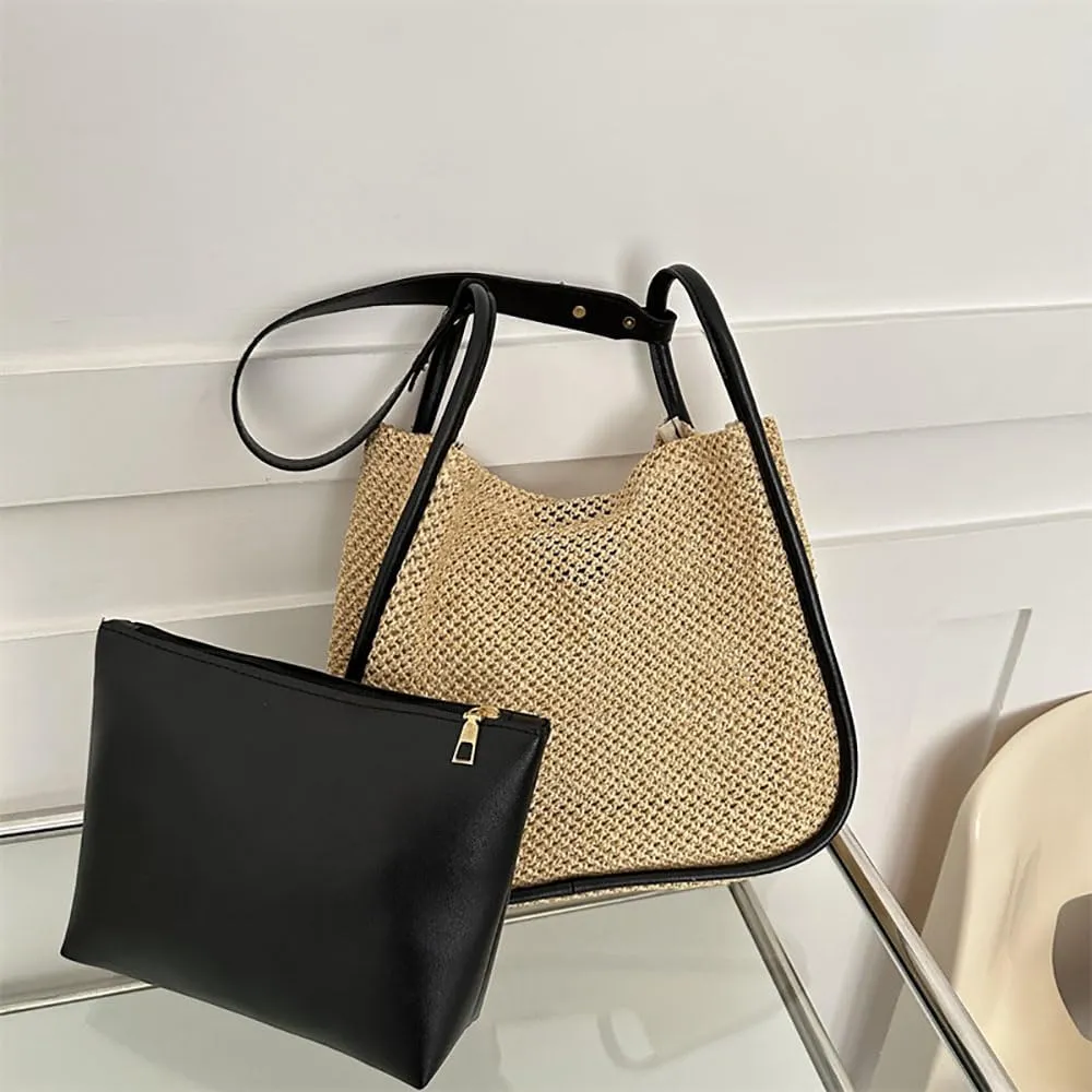 Gogobear Summer Woven Straw Tote Bag Large Capacity Comfortable Shoulder Bag Beach Vacation Boho Handbag