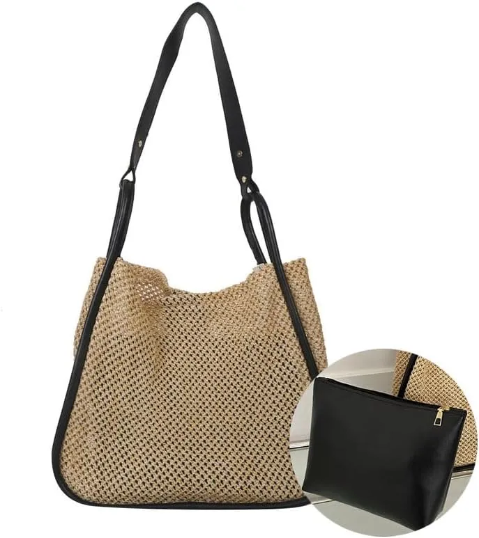 Gogobear Summer Woven Straw Tote Bag Large Capacity Comfortable Shoulder Bag Beach Vacation Boho Handbag