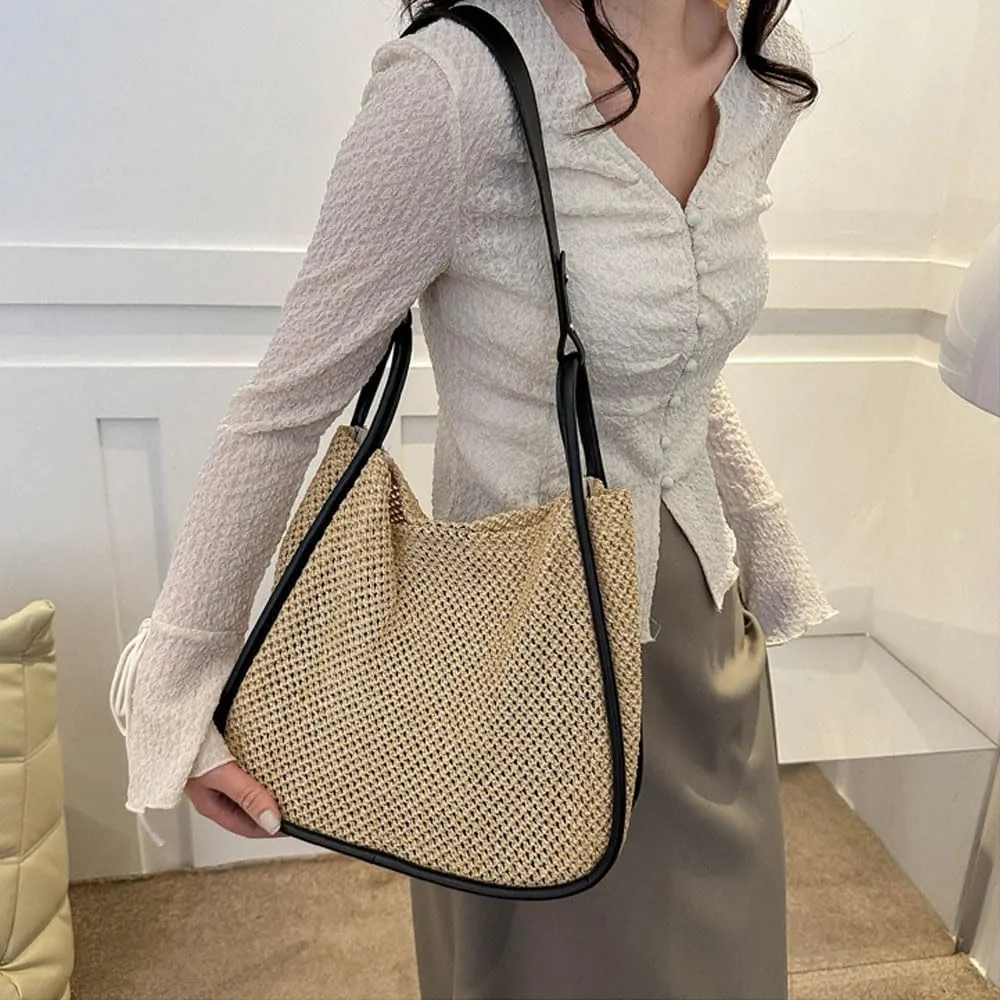 Gogobear Summer Woven Straw Tote Bag Large Capacity Comfortable Shoulder Bag Beach Vacation Boho Handbag