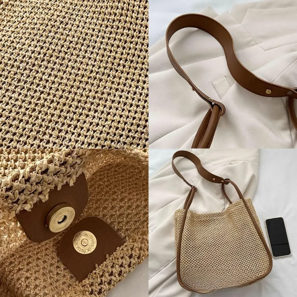 Gogobear Summer Woven Straw Tote Bag Large Capacity Comfortable Shoulder Bag Beach Vacation Boho Handbag