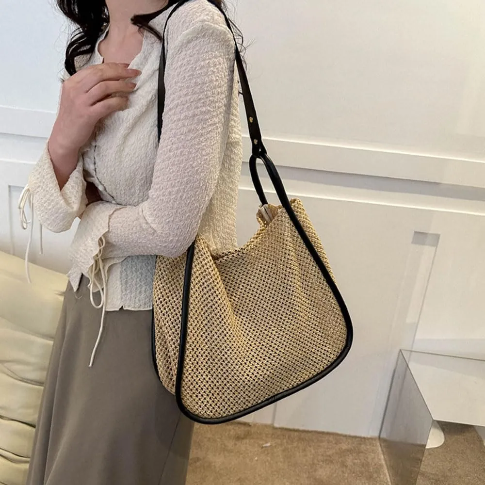 Gogobear Summer Woven Straw Tote Bag Large Capacity Comfortable Shoulder Bag Beach Vacation Boho Handbag