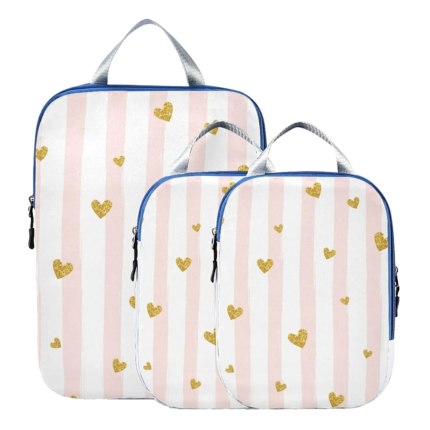 Gold Glittering Heart Pink on White Stripes Background 3 Piece set Cubes Expandable Adjustable Luggage Packing Bags, Ultralight Organizer Accessories Travel Suitcase Compressible Bags