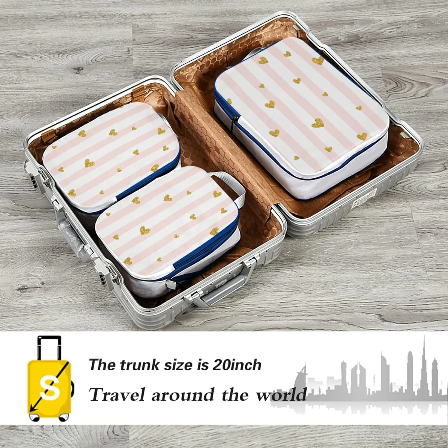 Gold Glittering Heart Pink on White Stripes Background 3 Piece set Cubes Expandable Adjustable Luggage Packing Bags, Ultralight Organizer Accessories Travel Suitcase Compressible Bags